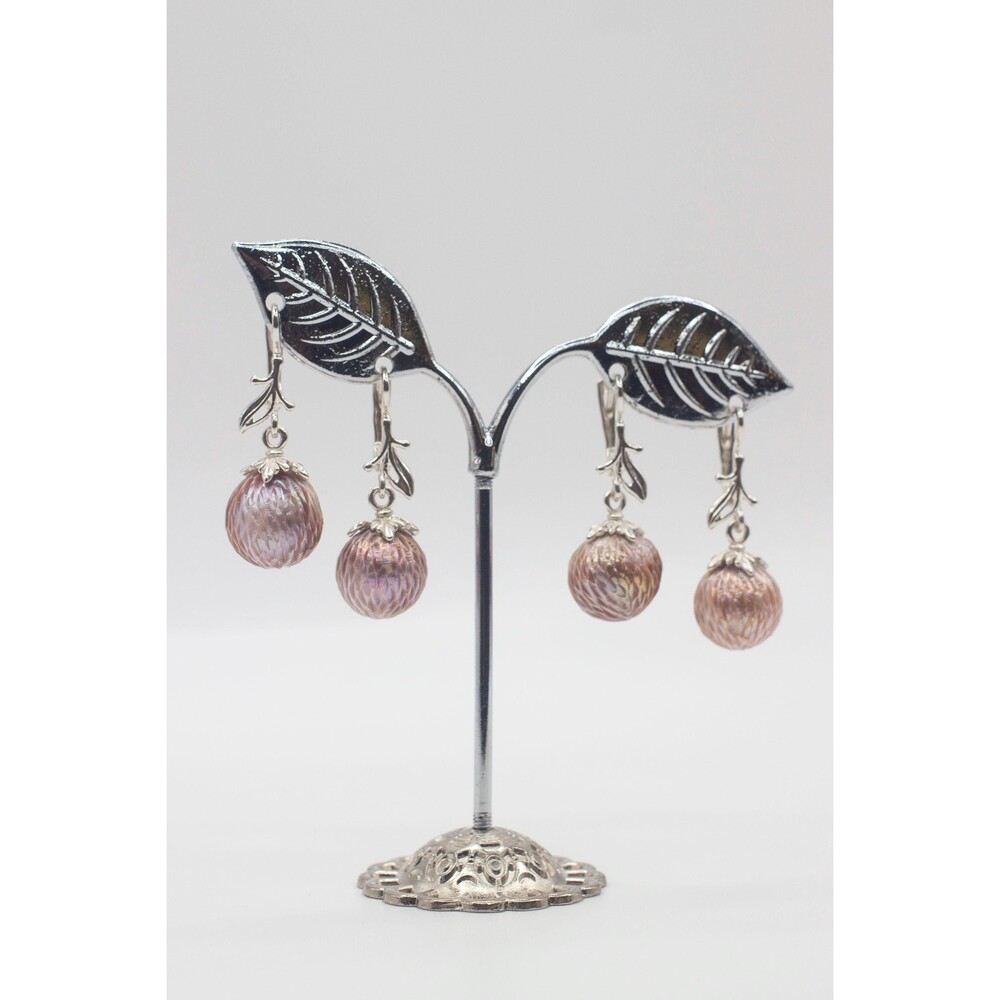 Mauve Faceted Edison Pearl Leverback Earrings Sterling Silver Leaf Dangle, Natur